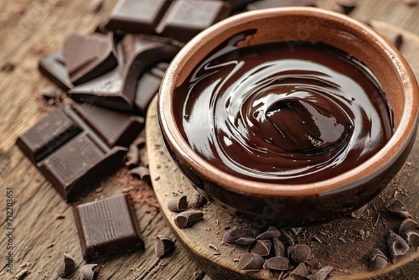 Fototapeta Delicious chocolate in a bowl on a wooden surface