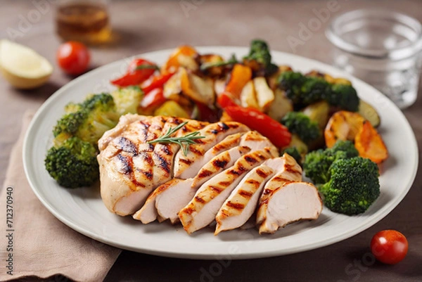 Fototapeta Grilled chicken fillet with vegetables on a plate. Selective focus