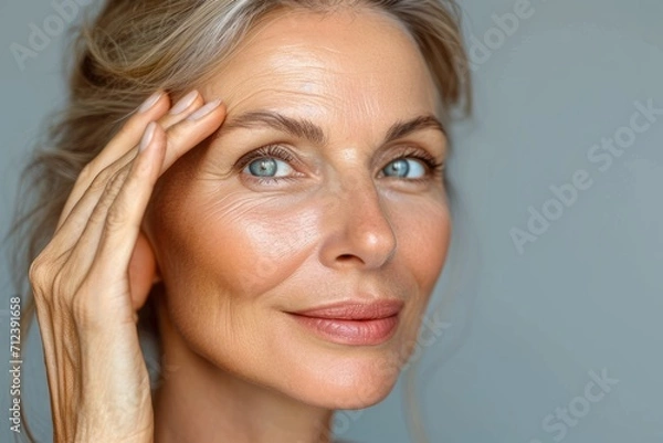 Fototapeta Close-up photo of adult woman touching her skin, she applies moisturizing cream balm. Cosmetology, plastic surgery, healthy lifestyle. Radiant skin. Advertising of cream, skin health products