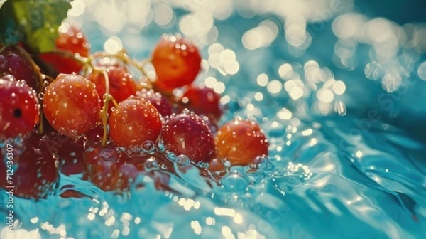 Fototapeta A close-up view of a bunch of berries on a vibrant blue surface. This image can be used to add a pop of color and freshness to any design or project