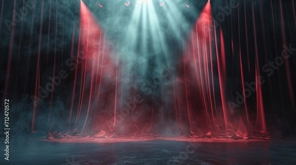 Fototapeta Stage background design, heavy velvet curtain open, black stage background illuminated by bright rays of light, spotlights and artificial smoke.