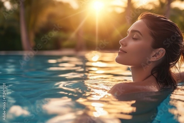 Fototapeta Woman relaxing in an outdoor swimming pool in a tropical hotel resort enjoying perfect holiday vacation.