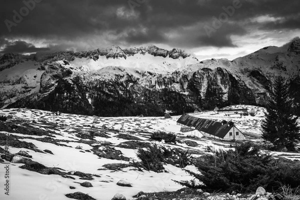 Fototapeta Snow on Mount Canin and Montasio. Black and white