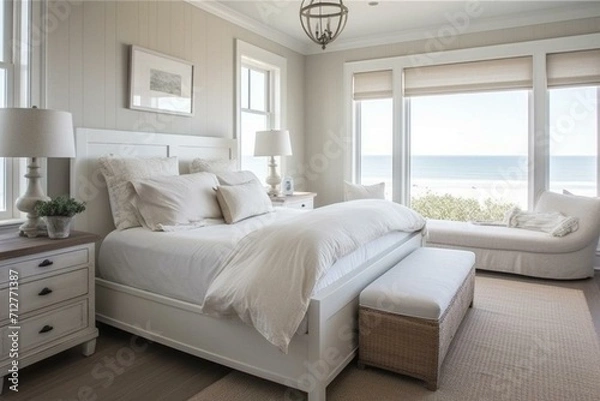 Fototapeta Serene coastal bedroom with a comforting white interior. Generative AI