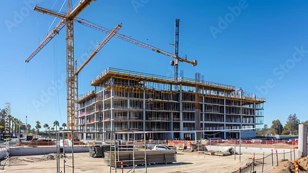 Fototapeta construction site for a large building with a clear blue sky background