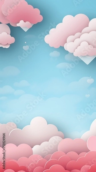 Fototapeta Pink sky and paper cut clouds and heart on valentines day