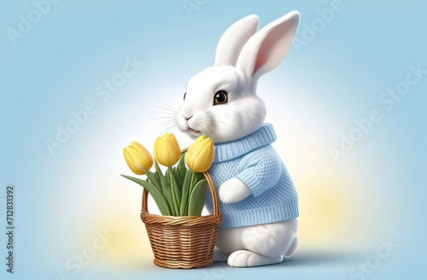 Fototapeta white easter rabbit wearing a blue sweater holding a basket with eggs, yellow tulips in the background, easter banner or postcard