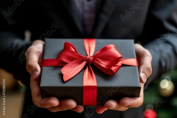 Fototapeta Man in a suit holding a gift box with a ribbon.