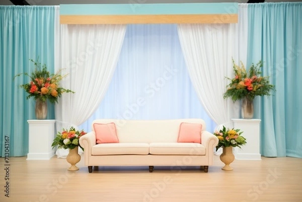 Fototapeta wedding stage with white curtains, love seat, and floral arrangements