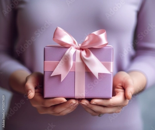 Fototapeta Woman holding a purple gift box with a pink ribbon. Generative AI.