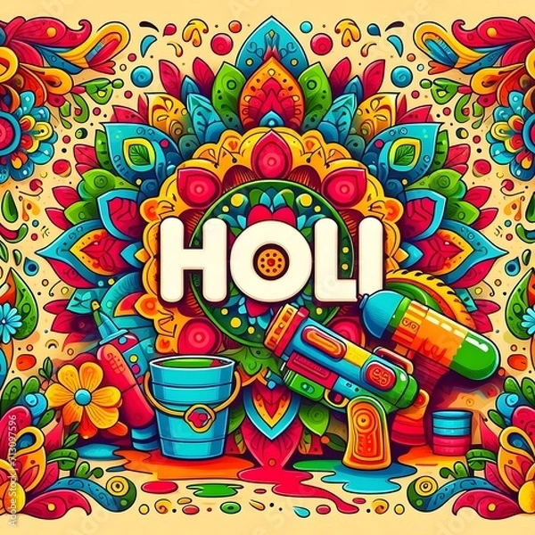 Fototapeta Happy Holi Text, Holi festival background banner poster template creative Flyer for indian festival of color celebration,