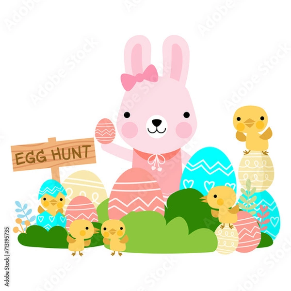 Fototapeta Easter bunny rabbits with baby chicks and Easter eggs, Welcome spring season,