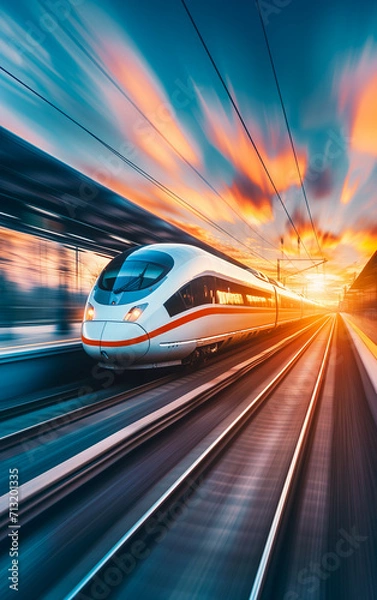 Fototapeta High speed train passes in the railway station, motion effect of the surrounding landscape