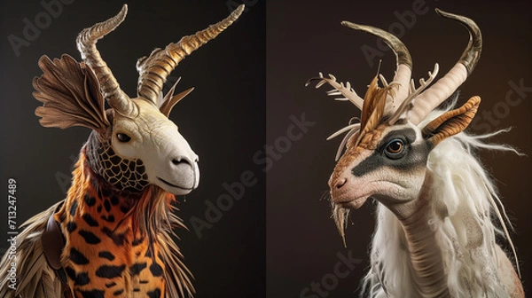 Fototapeta Whimsical Portraits of Hybrid Fantasy Creatures with Antlers on a Dark Background