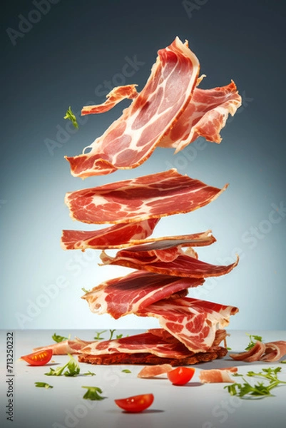 Fototapeta Slices of cured ham jamon Serrano Proscuitto, levitation floatinf food, white background..