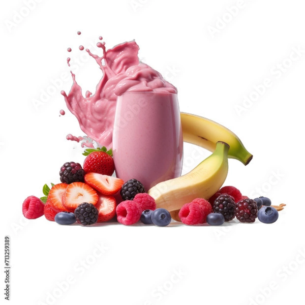 Fototapeta Banana Berry Bonanza Smoothie: Bananas, Mixed Berries, Greek Yogurt, Almond Milk, Ice isolated on transparent background