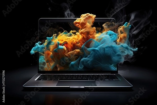 Fototapeta Vibrant swirls of smoke dance around a sleek laptop, bringing a burst of creativity and energy to its user