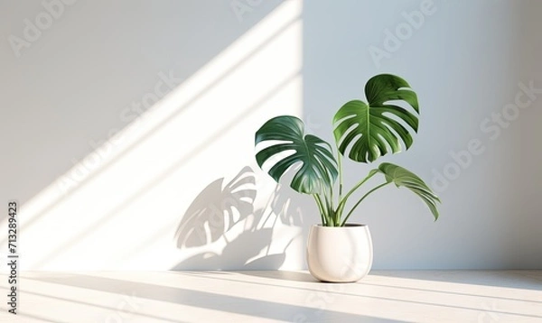 Fototapeta Simple wall interior adorned with a potted Monstera Andasonii Variegata gracefully placed on the wall's edge.