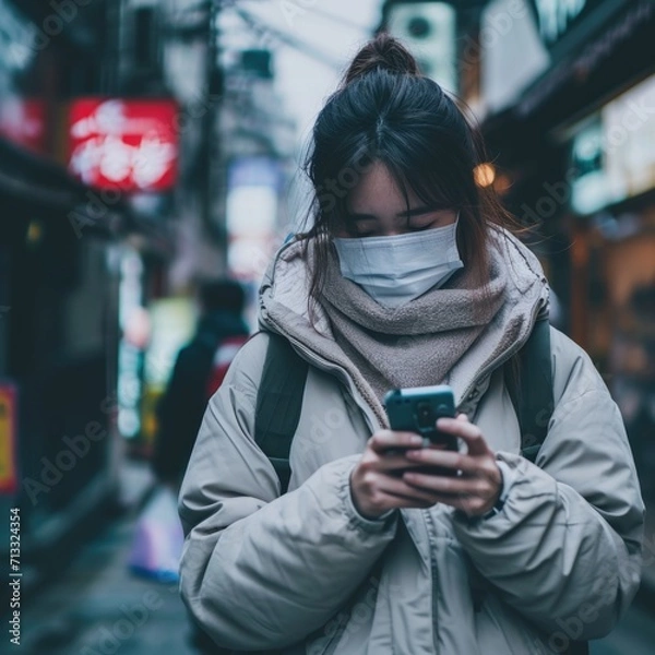 Fototapeta daily life disrupted by global virus, young man wearing a mask on the street with fear in his eyes during a pandemic