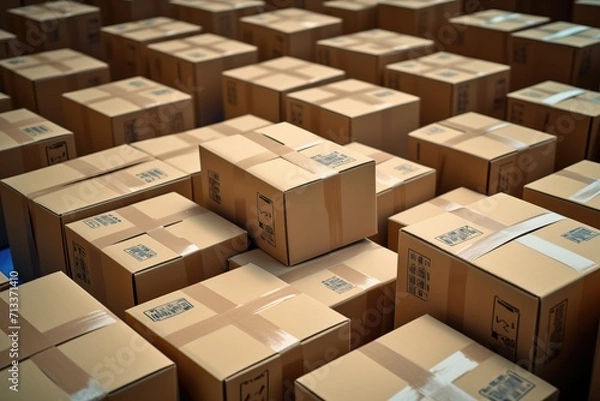 Fototapeta Piled card boxes in warehouse distribution logistic centre background