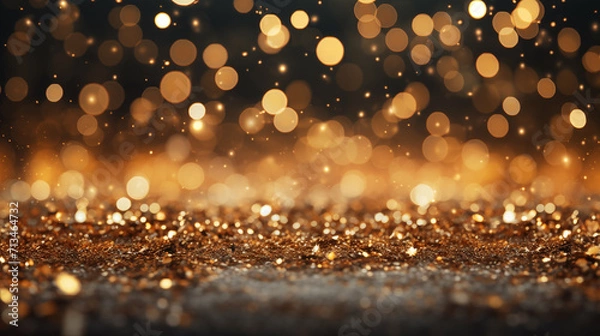 Fototapeta Festive abstract golden background with bokeh defocused glitter lights. Glinting gold specks and radiant hues. Christmas and New Year concept.