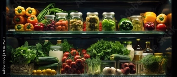 Fototapeta View of various fresh foods in a large refrigerator. modern supermarket background