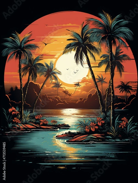 Fototapeta T-shirt design, vectorized t-shirt design of palm trees at beach, detailed, vintage, playful , caricature style created with Generative Ai