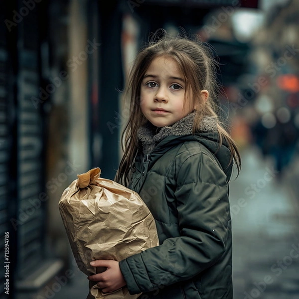 Fototapeta Cute little girl with a paper bag in the street