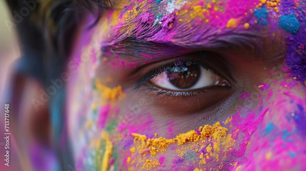 Fototapeta A close-up of a person's eye during Holi, the Indian festival of colors, symbolizing human emotion and the vividness of generative AI.