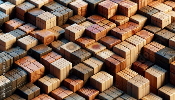 Fototapeta pattern of wooden cubes with a realistic texture, each cube reflecting the unique grain and color variations of different types of wood