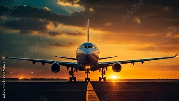 Fototapeta Avión comercial en pista de aterrizaje en un aeropuerto al atardecer