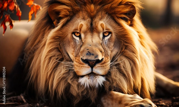 Fototapeta Intense gaze of a majestic lion resting on the savannah, his mane framing a face full of power and nobility against the warm earth tones of his natural habitat