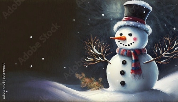 Fototapeta Christmas night scene with snowman and twinkling stars 