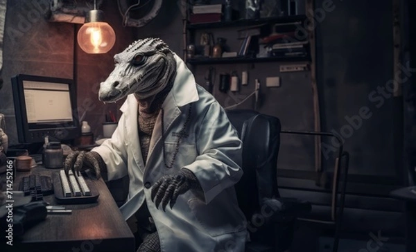 Fototapeta In a whimsical scene, a crocodile dons a doctor's attire, diligently working at a computer in its professional office space.Generated image