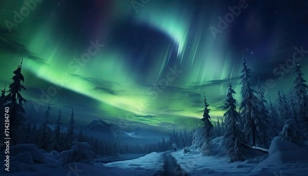 Fototapeta View of night sky with multicolored aurora borealis and snowy mountains peak background. Night glows in vibrant aurora reflection on the lake with forest. 