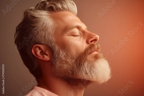 Fototapeta A handsome man with his eyes closed on a studio background, a sleeping male persona. dreams and meditation.