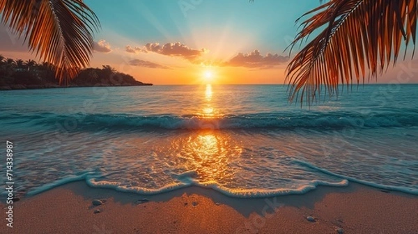 Fototapeta Tranquil beach scene at sunset with the silhouette of a palm tree against a vibrant sky reflecting on the water