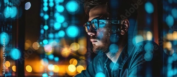 Fototapeta Male consultant using holographic technology at a call center for global IT support, digital transformation, and big data networking, working at night with double exposure.