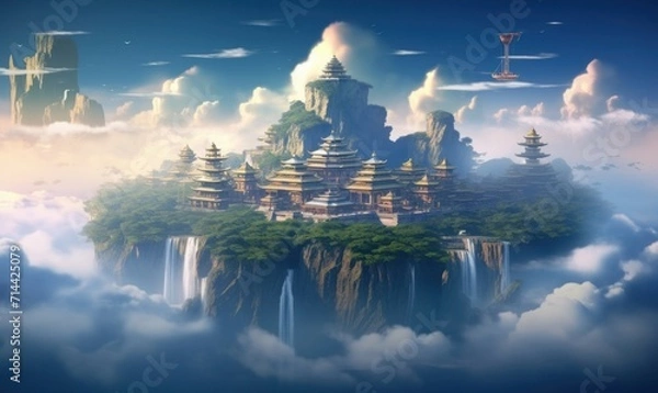 Fototapeta Chinese style Fantasy landscape illustration. Castle and islands floating in the sky, Generative AI 