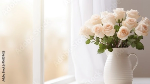 Fototapeta white roses in white jug in bedroom