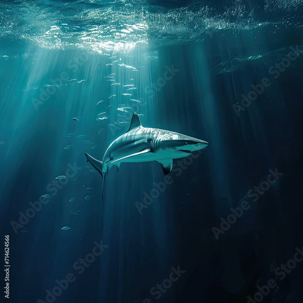 Fototapeta Shark swimming underwater with small fish around