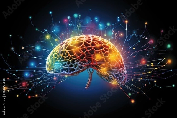 Fototapeta Colorful Brain Neuron synapses, neurotransmitters in cortex, neuroplasticity plasticity, cognitive functions contributing consciousness, intelligence, gray matter, hippocampus prefrontal cortex mind