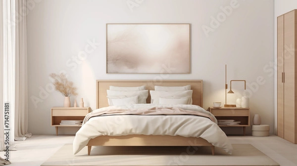 Fototapeta Chambre à coucher, plan sur un lit de couleurs claires et épurées, dans les tons blanc et beige. Drap, oreiller, couverture. Décorations, lumières douces. Pour conception et création graphique. 