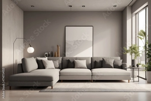 Fototapeta Interior home design of modern living room with gray sofa and abstract poster frame on stucco wall near the window