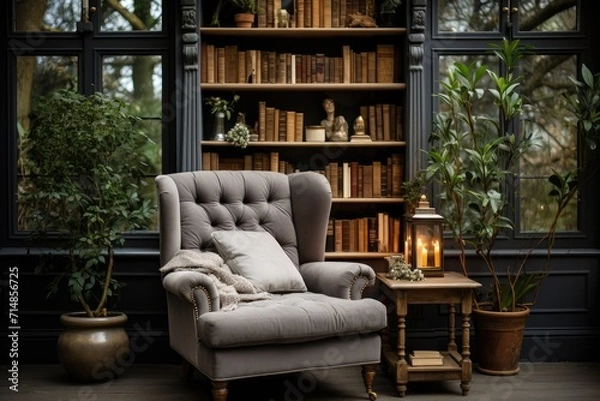 Fototapeta A cozy living room adorned with lush houseplants, featuring a window-side loveseat, bookshelf-lined walls, and a stylish mix of furniture including a club chair and studio couch