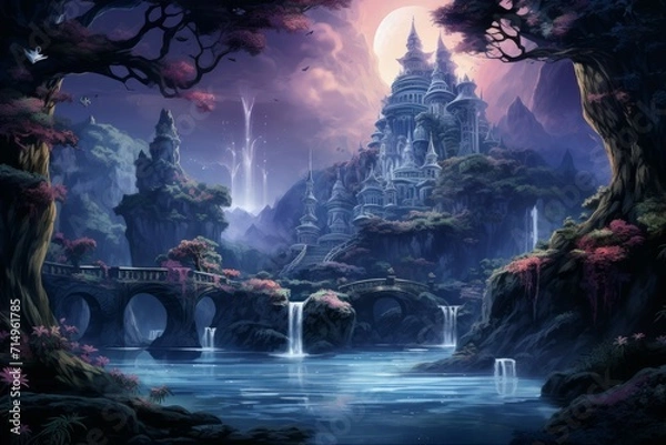 Fototapeta Serene moonlit waterfalls in Fantasy - Generative AI