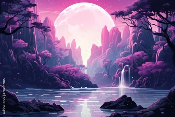 Fototapeta Serene moonlit waterfalls in Fantasy - Generative AI