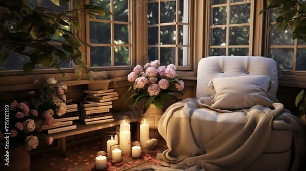 Fototapeta A cozy reading nook embellished with scented candles and delicate flowers, offering a serene space for relaxation and contemplation - Generative AI