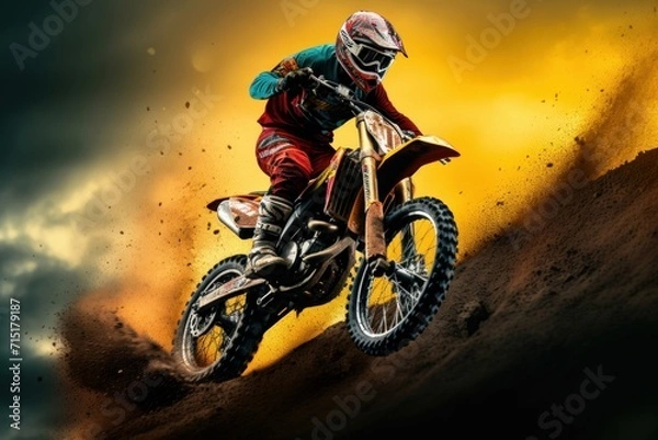 Fototapeta Dirt bike rider doing a big jump. Supercross, motocross, high speed. Sport concept. Digital art, Generative AI 