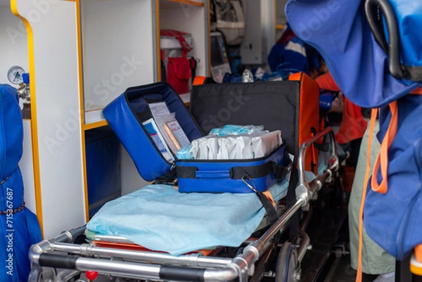 Fototapeta Inside view of an ambulance with medical gear